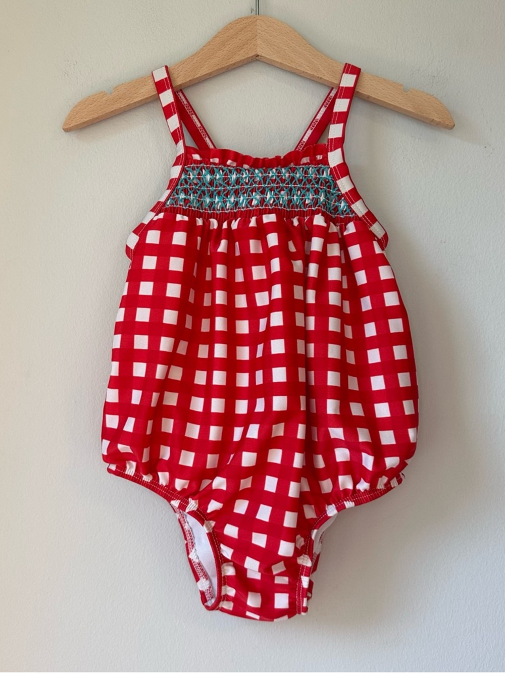 Cat & Jack Red Gingham Smocked Back Bow Bubble Swimsuit Size 4T